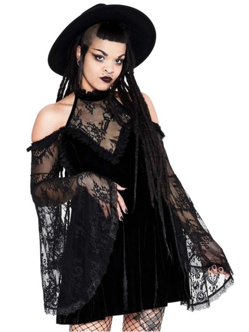 Killstar “Last Bite” Gothic Black Velvet Lace Cold-Shoulder Mini Dress Size Sm